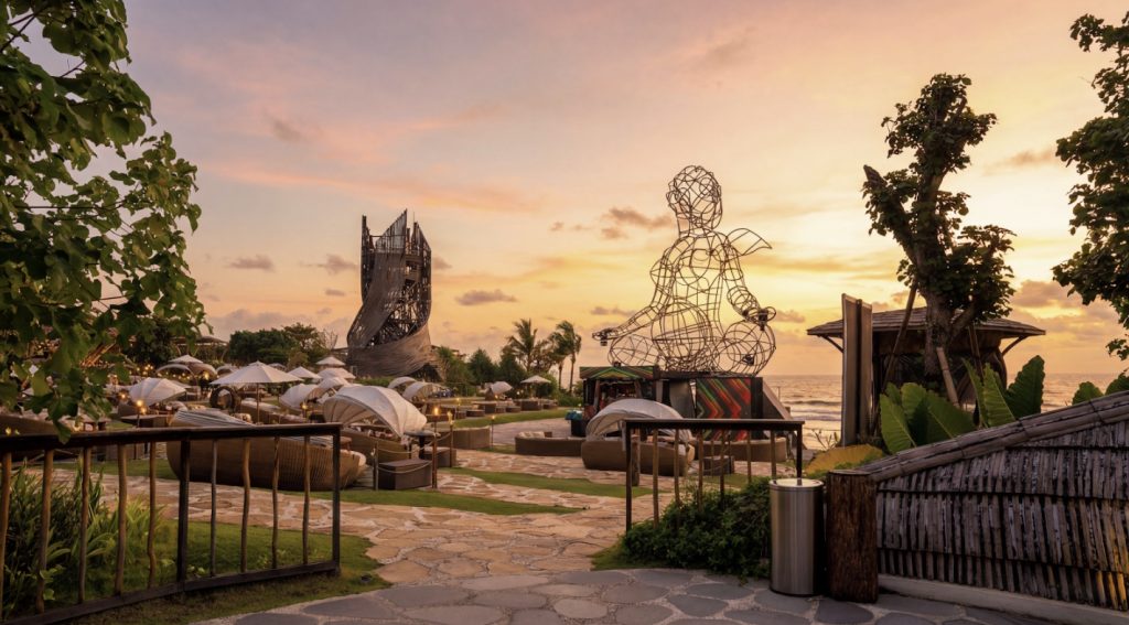 Sunset view of LUNA Beach Club in Nuanu Creative District, Bali.